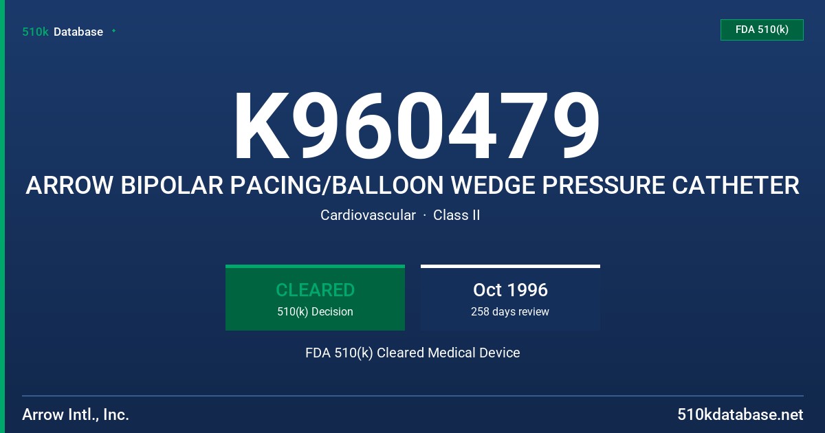 K960479 ARROW BIPOLAR PACING/BALLOON WEDGE PRESSURE CATHETER FDA 510(k) Cleared Medical Device