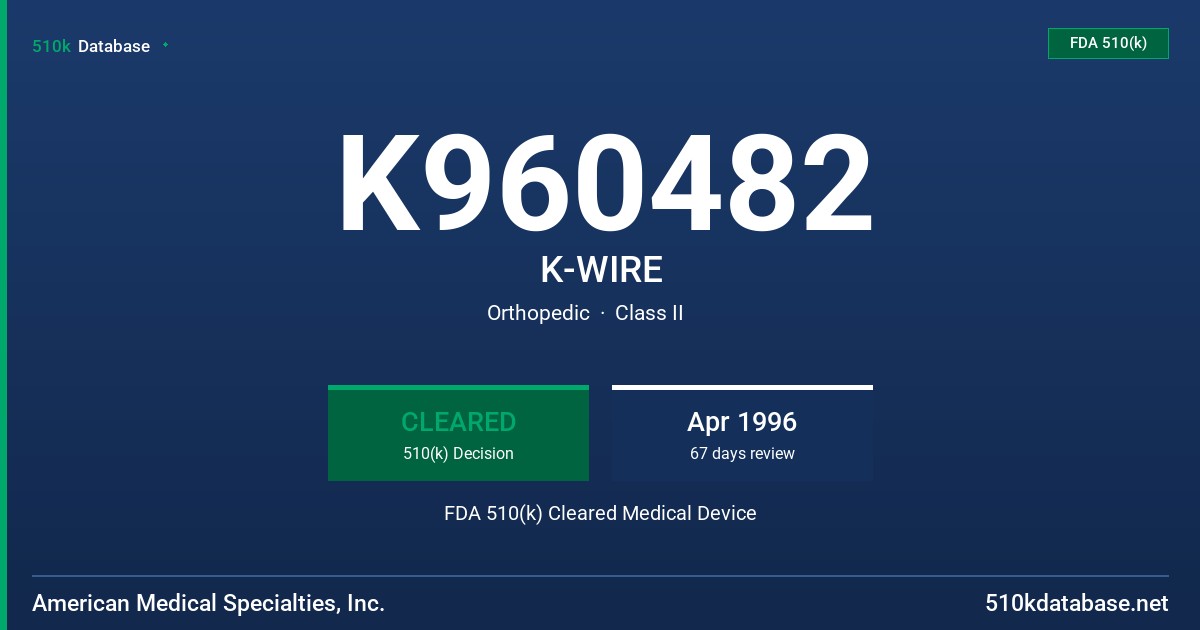 K960482 K-WIRE FDA 510(k) Cleared Medical Device