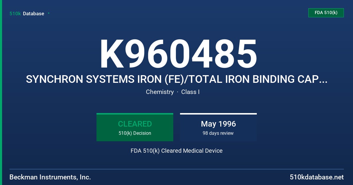 K960485 SYNCHRON SYSTEMS IRON (FE)/TOTAL IRON BINDING CAPACITY REAGENTS FDA 510(k) Cleared Medical Device