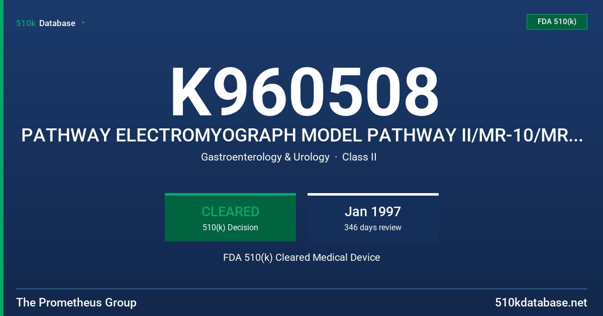 K960508 PATHWAY ELECTROMYOGRAPH MODEL PATHWAY II/MR-10/MR-15/MR-20/MR-25 FDA 510(k) Cleared Medical Device