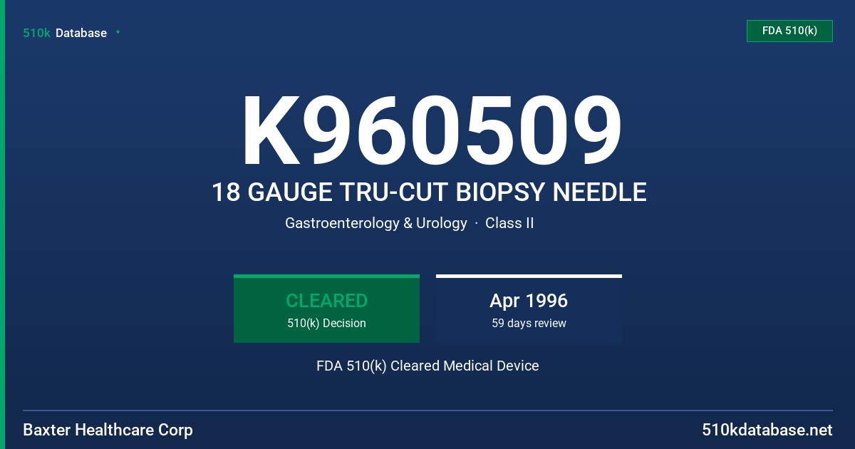 K960509 18 GAUGE TRU-CUT BIOPSY NEEDLE FDA 510(k) Cleared Medical Device