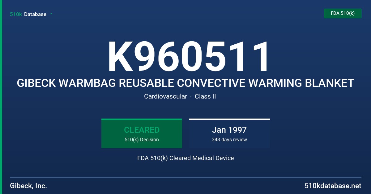 K960511 GIBECK WARMBAG REUSABLE CONVECTIVE WARMING BLANKET FDA 510(k) Cleared Medical Device
