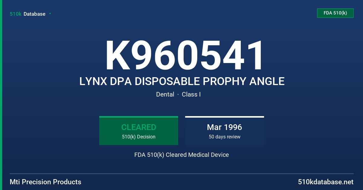 K960541 LYNX DPA DISPOSABLE PROPHY ANGLE FDA 510(k) Cleared Medical Device
