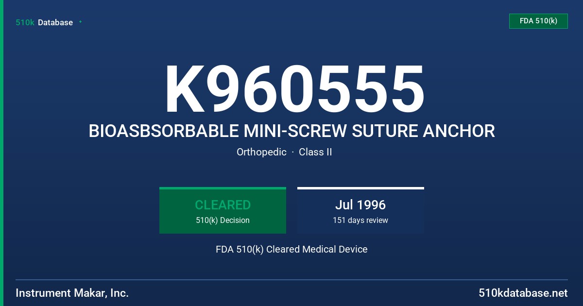 K960555 BIOASBSORBABLE MINI-SCREW SUTURE ANCHOR FDA 510(k) Cleared Medical Device