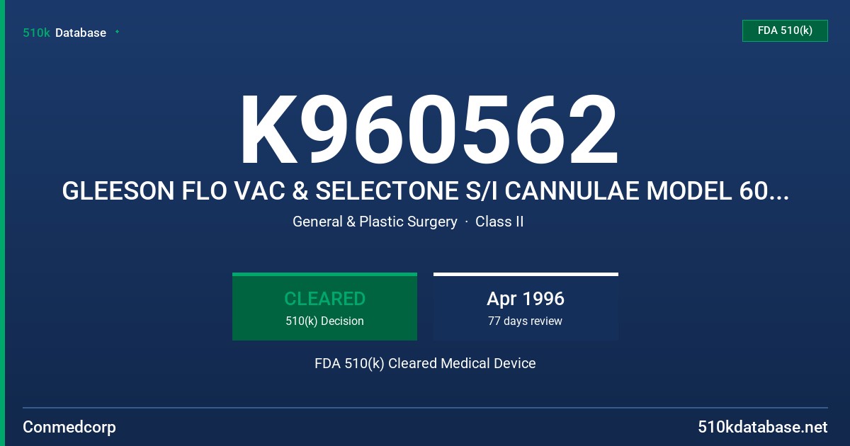 K960562 GLEESON FLO VAC & SELECTONE S/I CANNULAE MODEL 60-6001, 6002, 6005 FDA 510(k) Cleared Medical Device