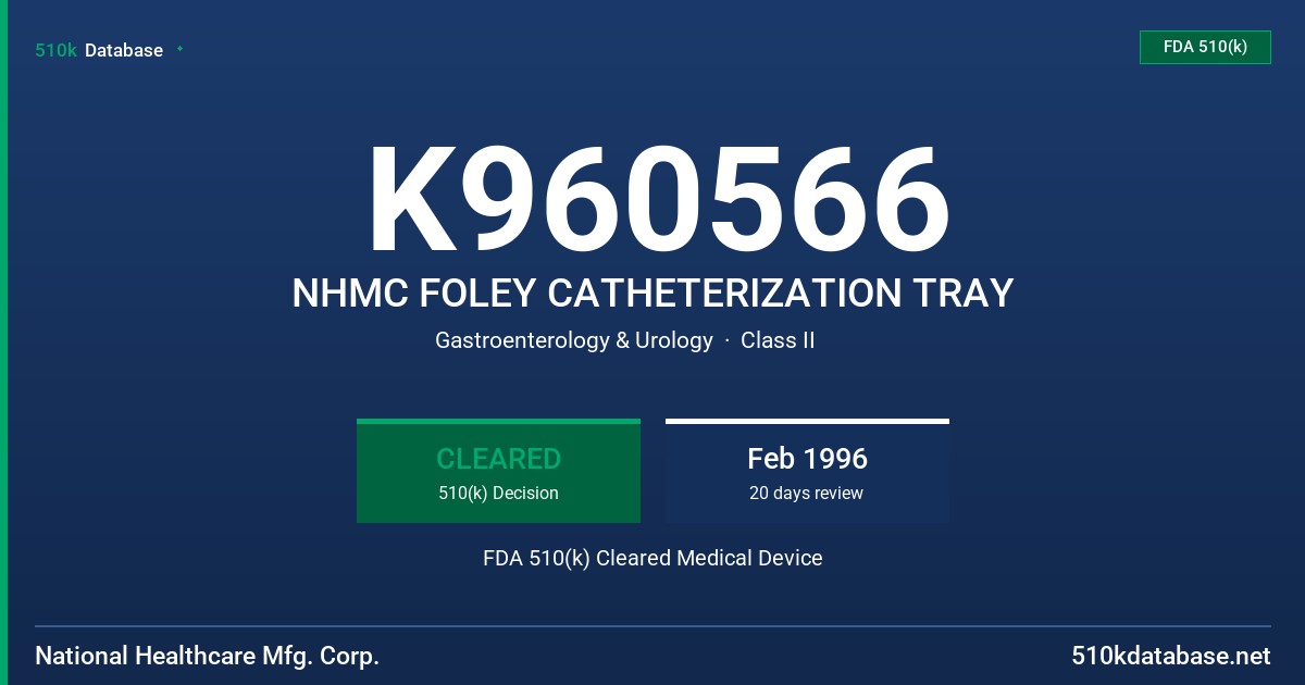 K960566 NHMC FOLEY CATHETERIZATION TRAY FDA 510(k) Cleared Medical Device