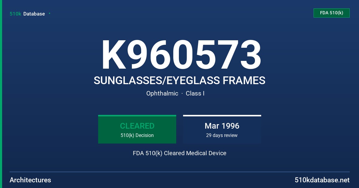 K960573 SUNGLASSES/EYEGLASS FRAMES FDA 510(k) Cleared Medical Device