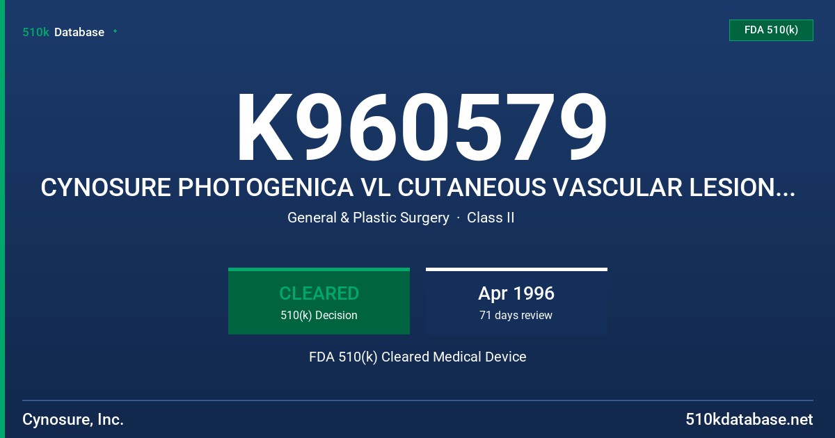 K960579 CYNOSURE PHOTOGENICA VL CUTANEOUS VASCULAR LESION LASER FDA 510(k) Cleared Medical Device