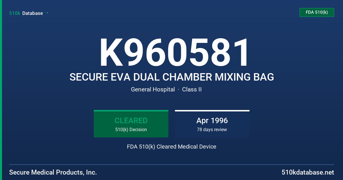 K960581 SECURE EVA DUAL CHAMBER MIXING BAG FDA 510(k) Cleared Medical Device