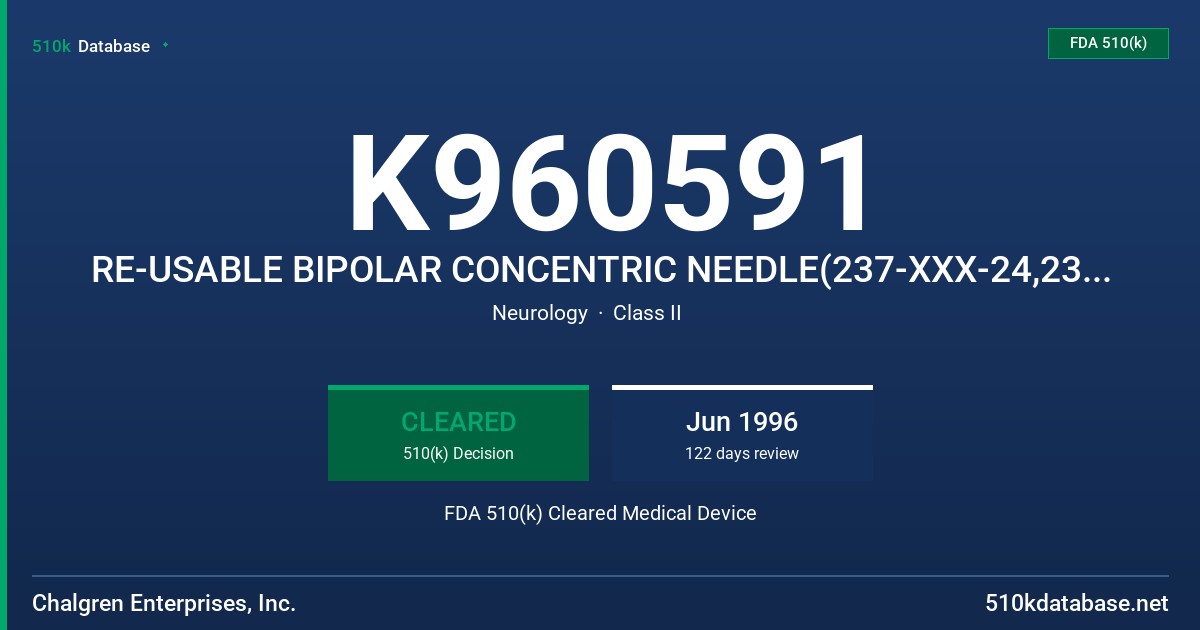 K960591 RE-USABLE BIPOLAR CONCENTRIC NEEDLE(237-XXX-24,237-XXX-24STP, 237-XXX-24TP,237-XXX-24STP FDA 510(k) Cleared Medical Device
