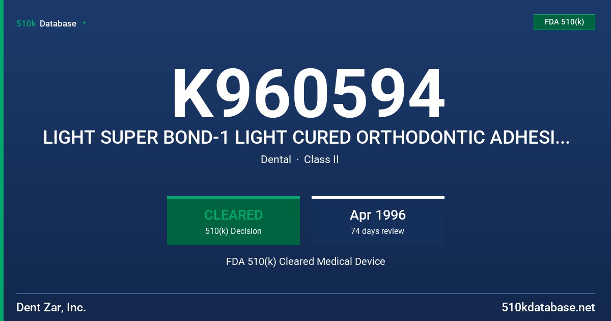 K960594 LIGHT SUPER BOND-1 LIGHT CURED ORTHODONTIC ADHESIVE FOR METAL, PLASTIC AND CERAMIC BRACKETS FDA 510(k) Cleared Medical Device