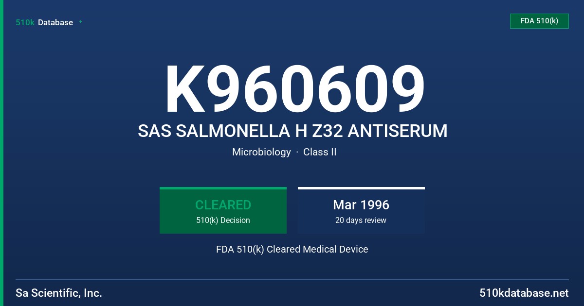K960609 SAS SALMONELLA H Z32 ANTISERUM FDA 510(k) Cleared Medical Device