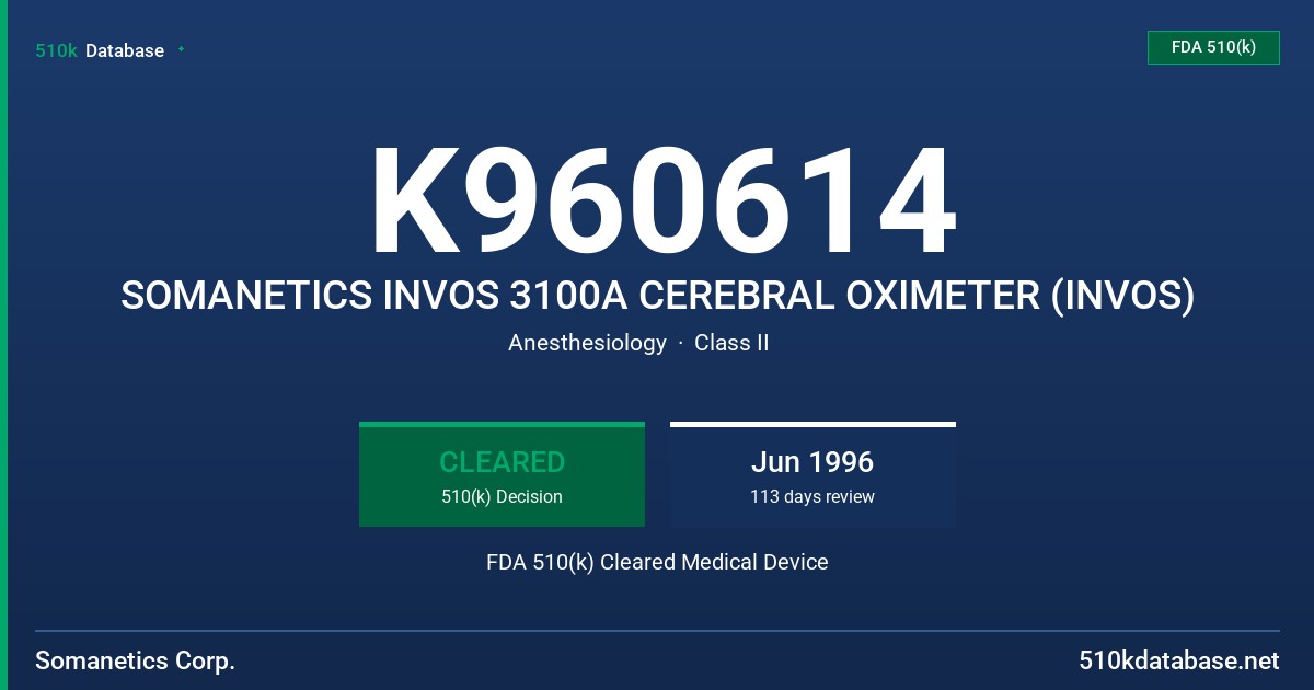 K960614 SOMANETICS INVOS 3100A CEREBRAL OXIMETER (INVOS) FDA 510(k) Cleared Medical Device
