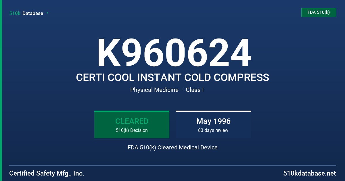 K960624 CERTI COOL INSTANT COLD COMPRESS FDA 510(k) Cleared Medical Device