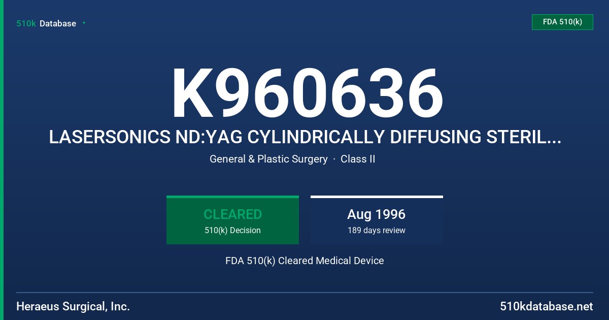 K960636 LASERSONICS ND:YAG CYLINDRICALLY DIFFUSING STERILE DISPOSABLE FIBER FDA 510(k) Cleared Medical Device
