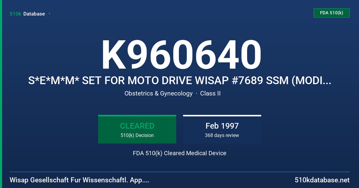 K960640 S*E*M*M* SET FOR MOTO DRIVE WISAP #7689 SSM (MODIFICATION) FDA 510(k) Cleared Medical Device
