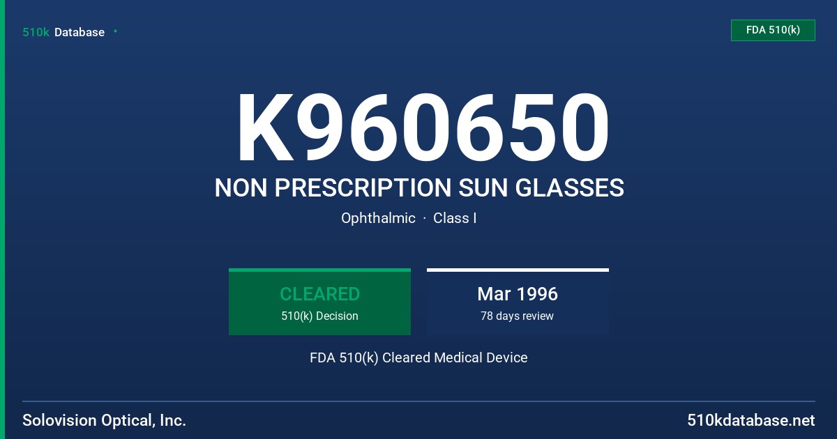 K960650 NON PRESCRIPTION SUN GLASSES FDA 510(k) Cleared Medical Device
