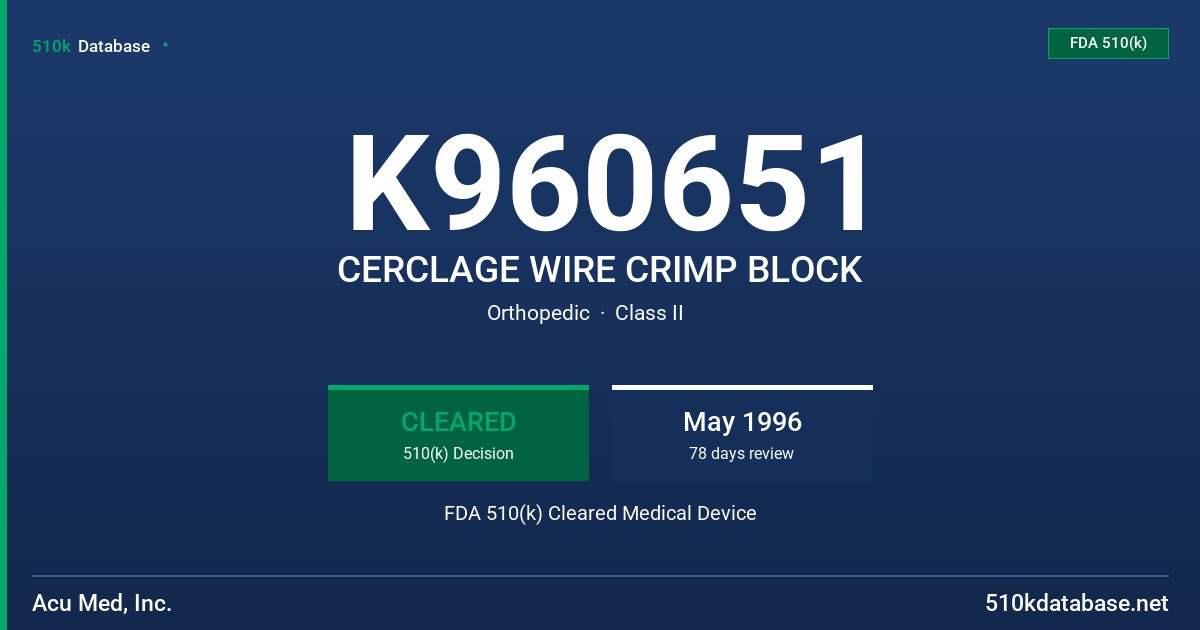 K960651 CERCLAGE WIRE CRIMP BLOCK FDA 510(k) Cleared Medical Device