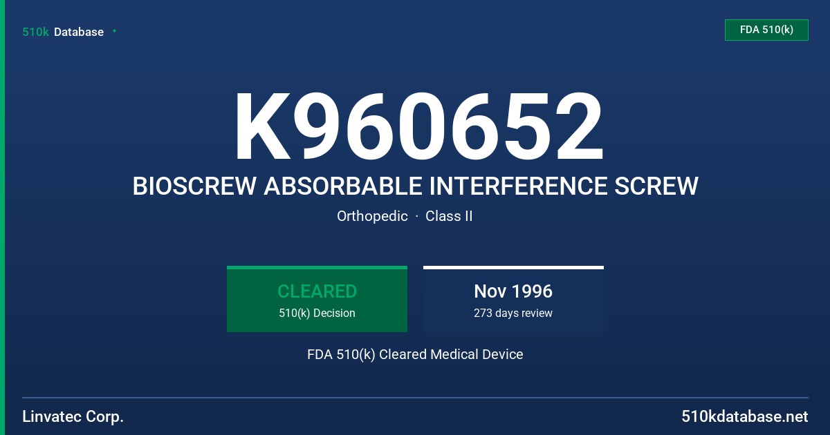 K960652 BIOSCREW ABSORBABLE INTERFERENCE SCREW FDA 510(k) Cleared Medical Device