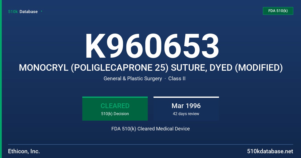 K960653 MONOCRYL (POLIGLECAPRONE 25) SUTURE, DYED (MODIFIED) FDA 510(k) Cleared Medical Device