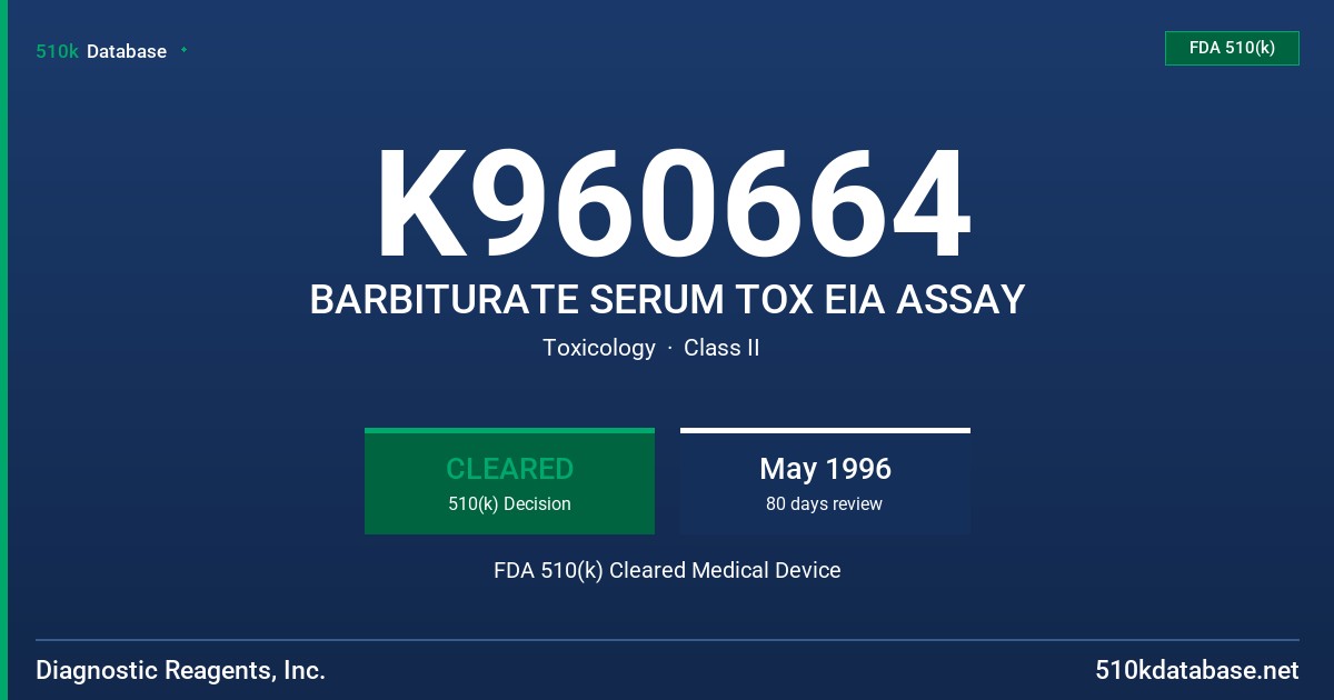 K960664 BARBITURATE SERUM TOX EIA ASSAY FDA 510(k) Cleared Medical Device