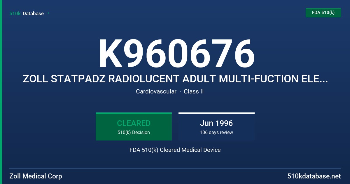 K960676 ZOLL STATPADZ RADIOLUCENT ADULT MULTI-FUCTION ELECTRODES MODEL 8900-4004 FDA 510(k) Cleared Medical Device