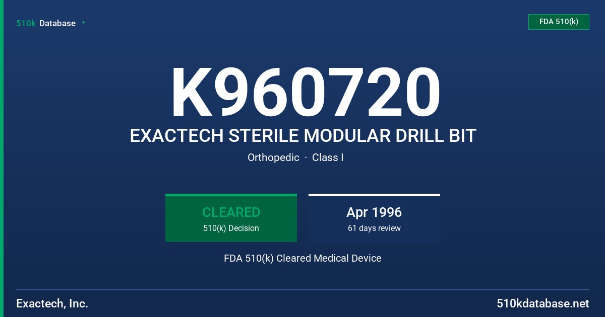 K960720 EXACTECH STERILE MODULAR DRILL BIT FDA 510(k) Cleared Medical Device
