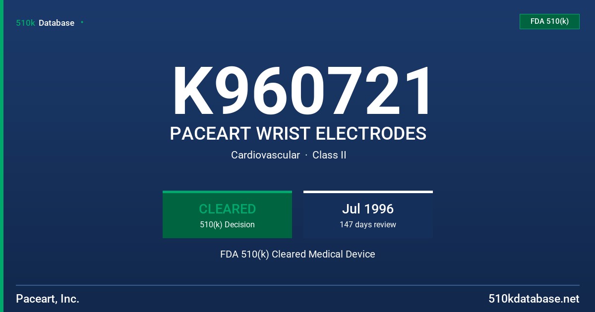 K960721 PACEART WRIST ELECTRODES FDA 510(k) Cleared Medical Device