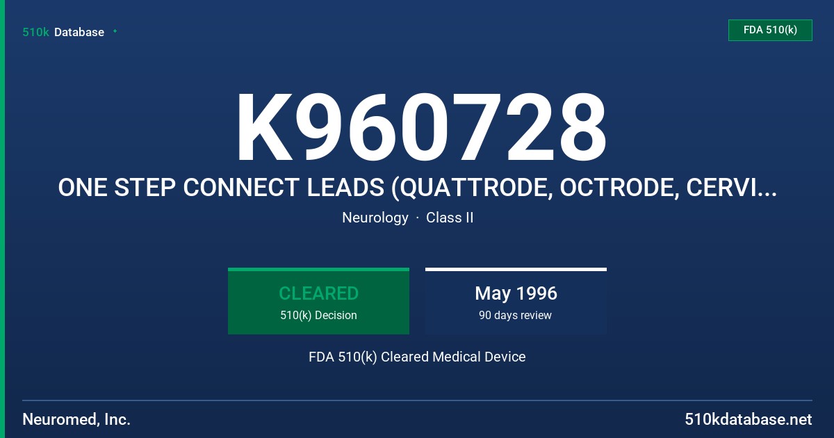 K960728 ONE STEP CONNECT LEADS (QUATTRODE, OCTRODE, CERVITRODE) FDA 510(k) Cleared Medical Device