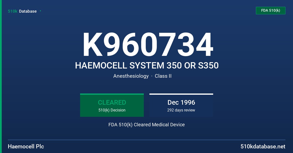 K960734 HAEMOCELL SYSTEM 350 OR S350 FDA 510(k) Cleared Medical Device