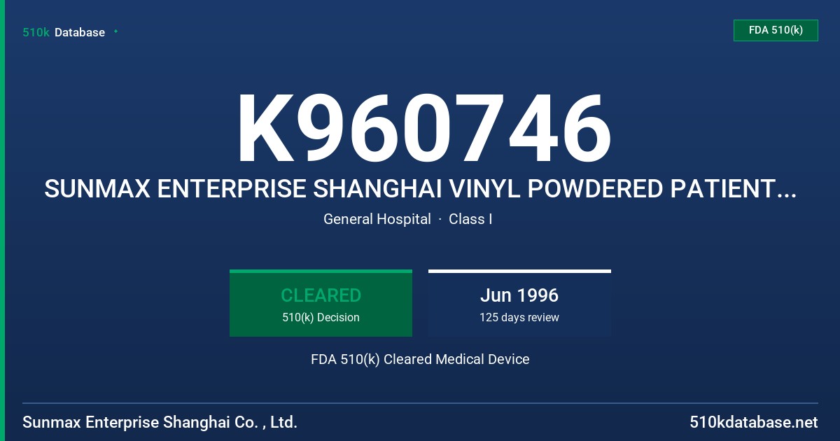 K960746 SUNMAX ENTERPRISE SHANGHAI VINYL POWDERED PATIENT EXAM. GLOVES FDA 510(k) Cleared Medical Device