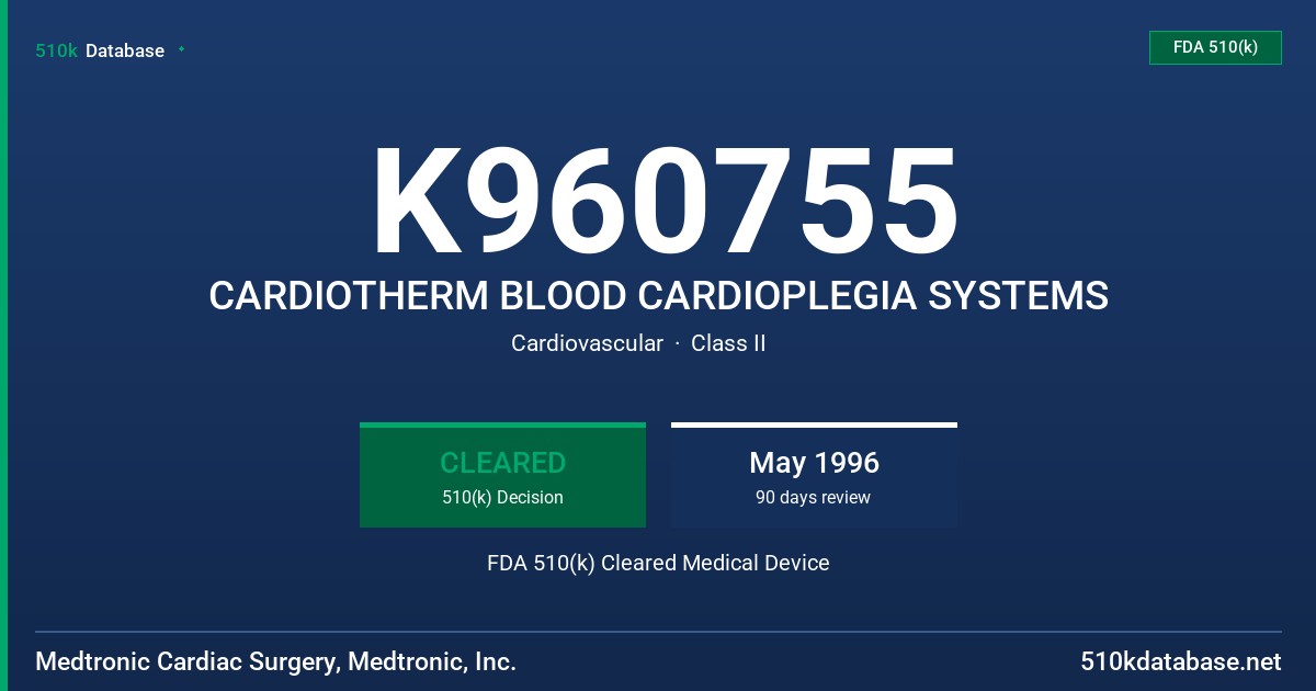K960755 CARDIOTHERM BLOOD CARDIOPLEGIA SYSTEMS FDA 510(k) Cleared Medical Device