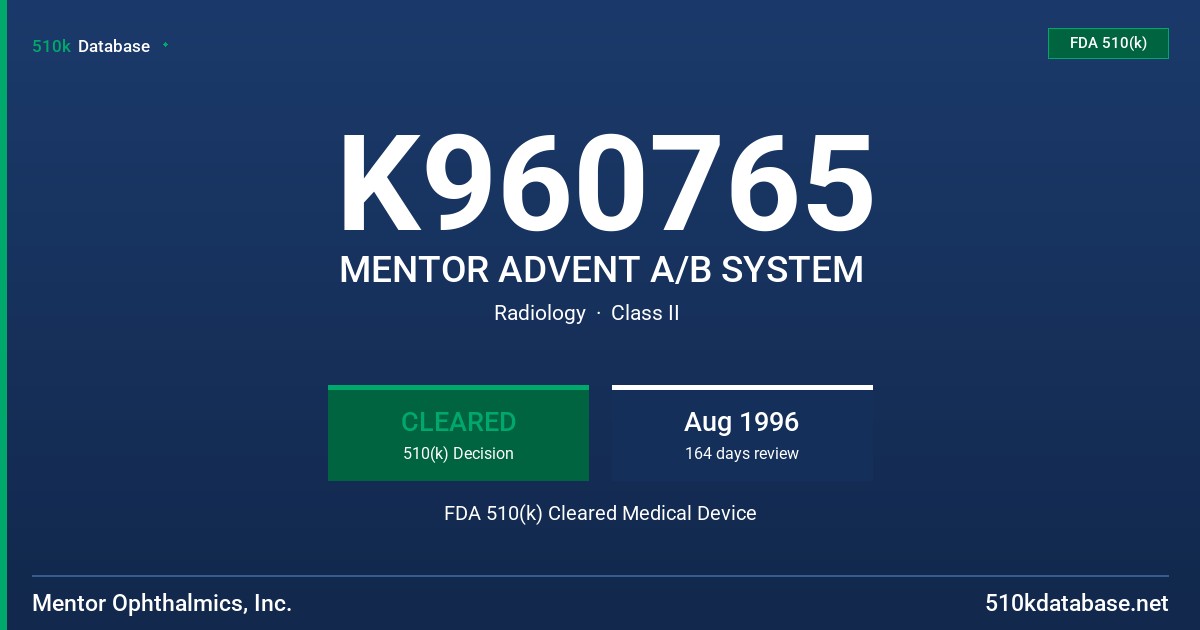 K960765 MENTOR ADVENT A/B SYSTEM FDA 510(k) Cleared Medical Device