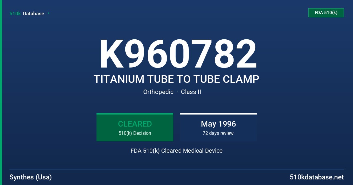 K960782 TITANIUM TUBE TO TUBE CLAMP FDA 510(k) Cleared Medical Device