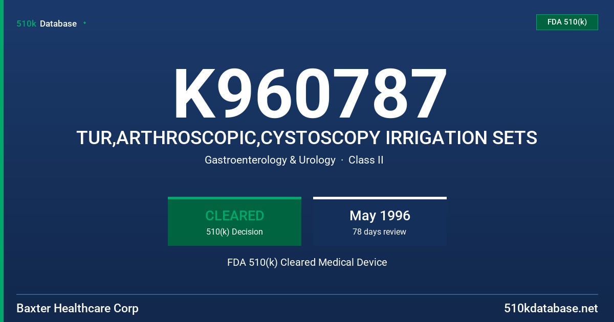 K960787 TUR,ARTHROSCOPIC,CYSTOSCOPY IRRIGATION SETS FDA 510(k) Cleared Medical Device