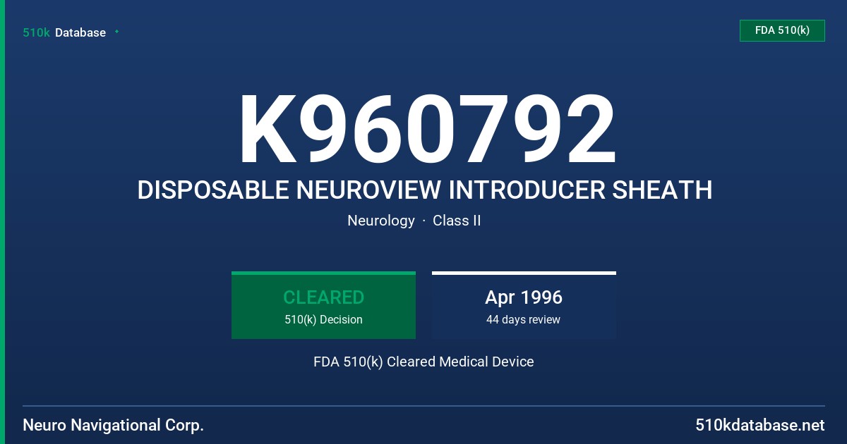 K960792 DISPOSABLE NEUROVIEW INTRODUCER SHEATH FDA 510(k) Cleared Medical Device