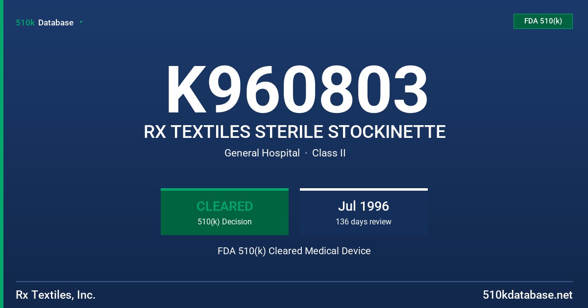 K960803 RX TEXTILES STERILE STOCKINETTE FDA 510(k) Cleared Medical Device