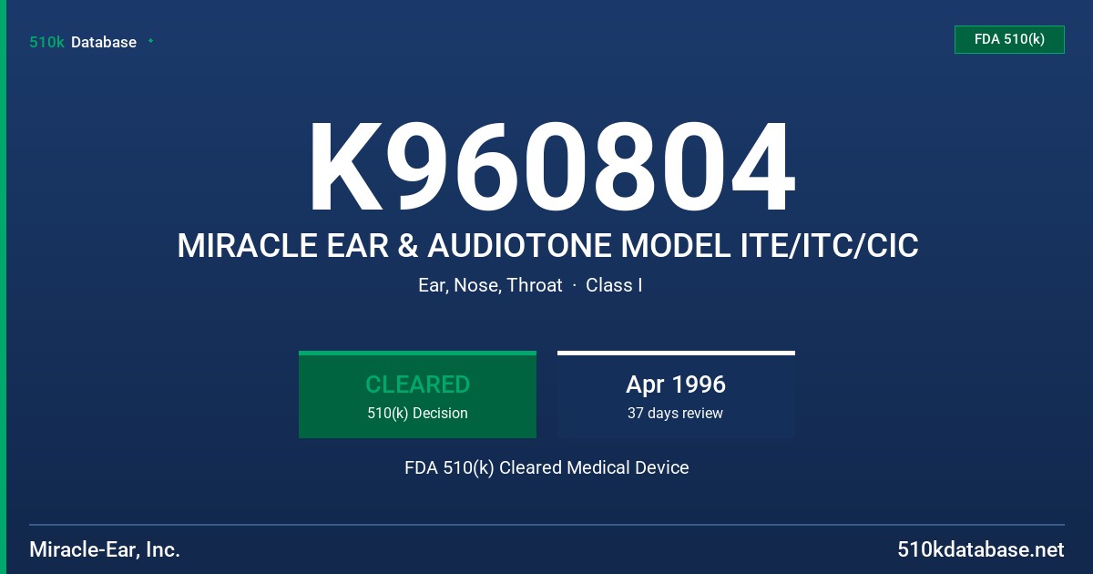 K960804 MIRACLE EAR & AUDIOTONE MODEL ITE/ITC/CIC FDA 510(k) Cleared Medical Device