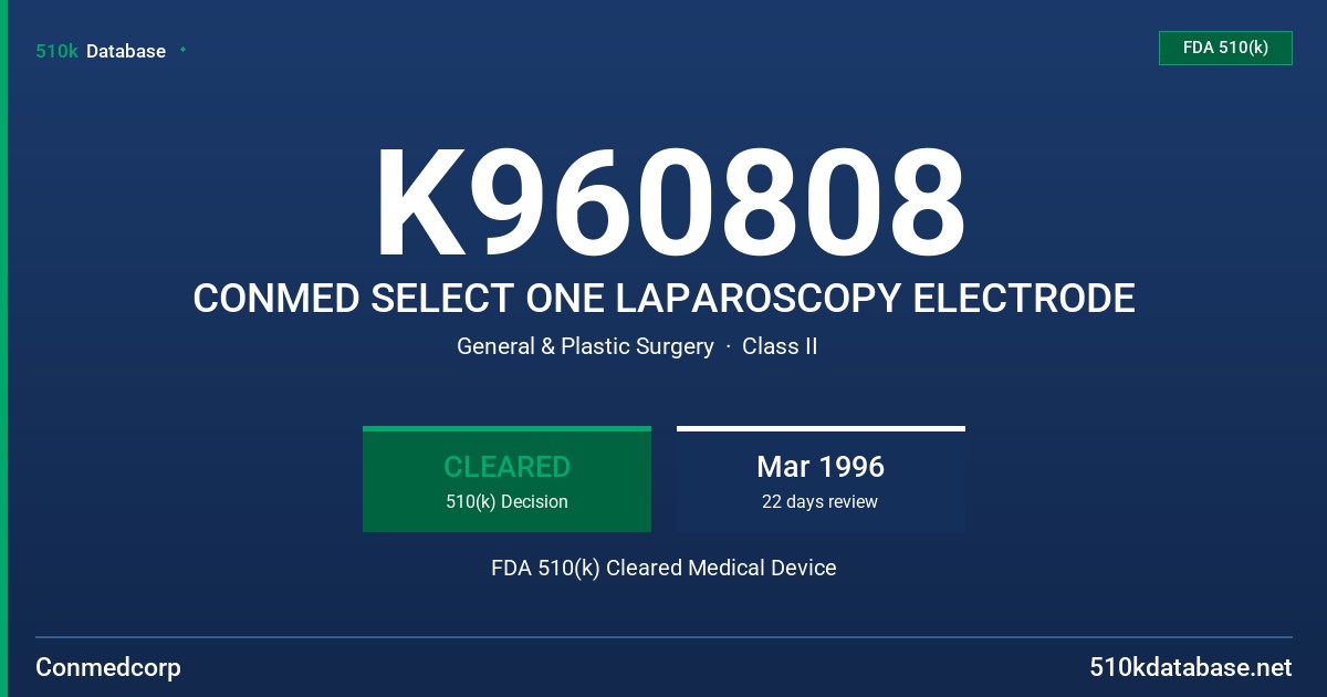 K960808 CONMED SELECT ONE LAPAROSCOPY ELECTRODE FDA 510(k) Cleared Medical Device