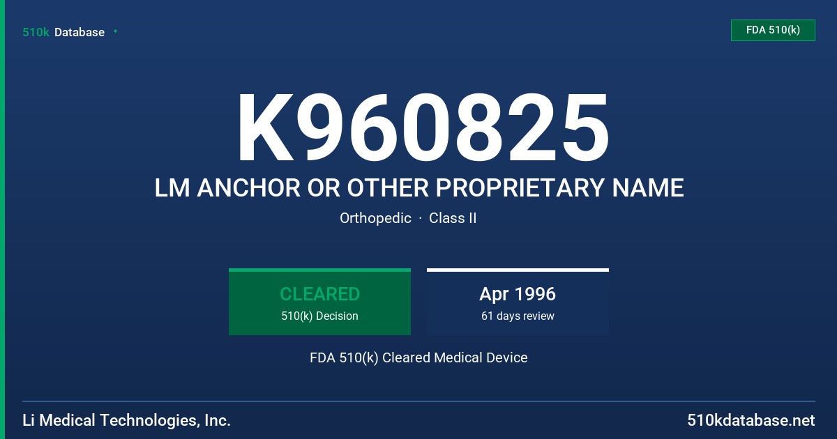 K960825 LM ANCHOR OR OTHER PROPRIETARY NAME FDA 510(k) Cleared Medical Device