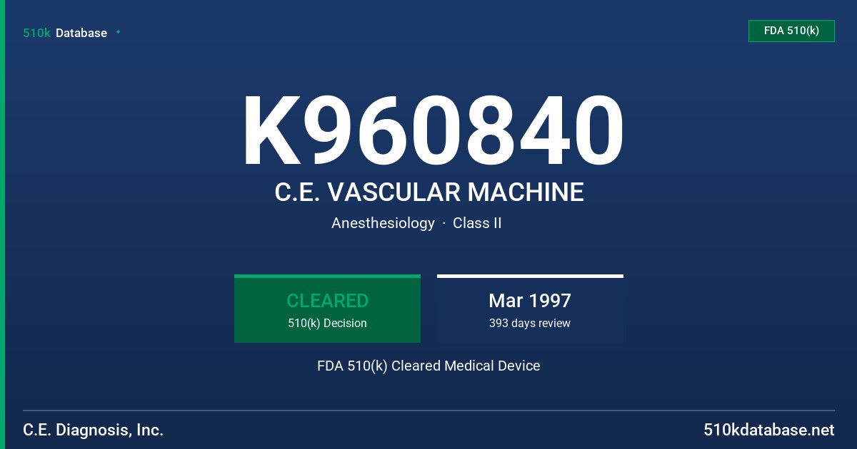 K960840 C.E. VASCULAR MACHINE FDA 510(k) Cleared Medical Device