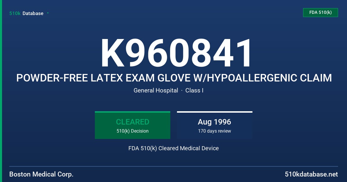 K960841 POWDER-FREE LATEX EXAM GLOVE W/HYPOALLERGENIC CLAIM FDA 510(k) Cleared Medical Device
