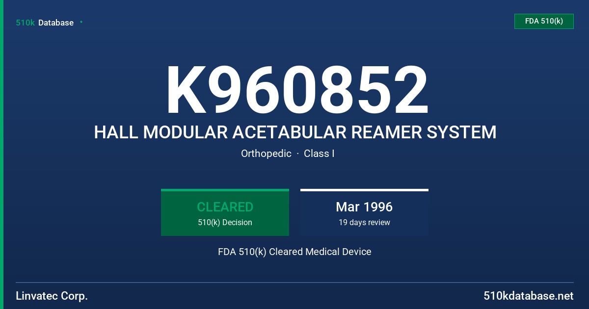 K960852 HALL MODULAR ACETABULAR REAMER SYSTEM FDA 510(k) Cleared Medical Device