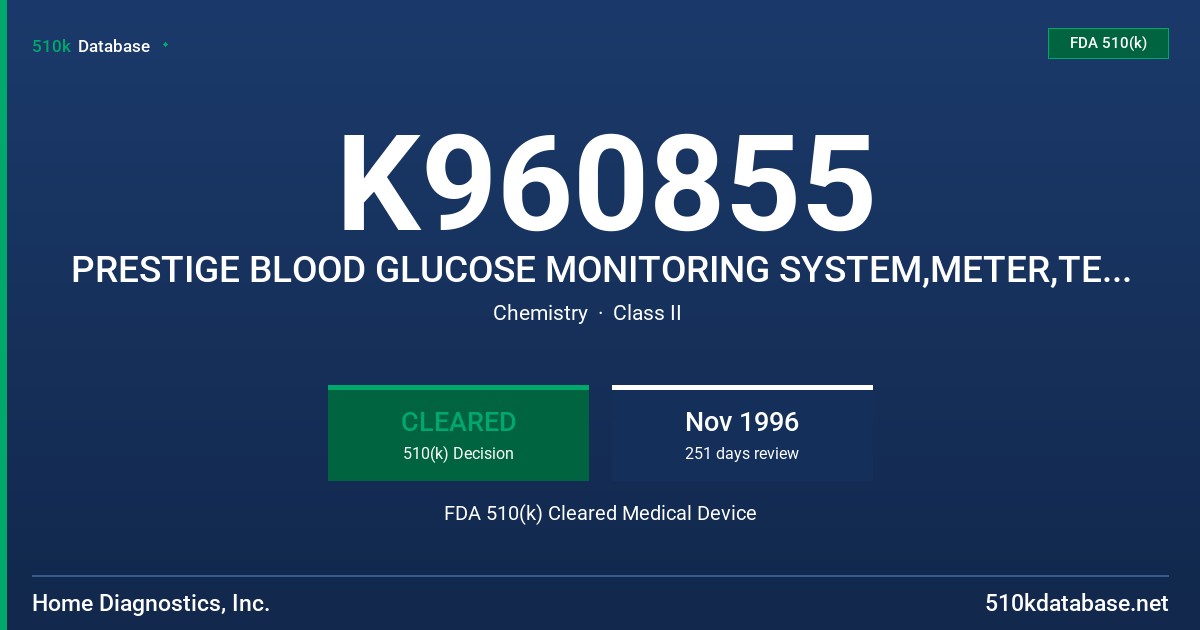 K960855 PRESTIGE BLOOD GLUCOSE MONITORING SYSTEM,METER,TEST STRIPS & PRESTIGE HIGH AND LOW GLUCOSE CONTROL FDA 510(k) Cleared Medical Device
