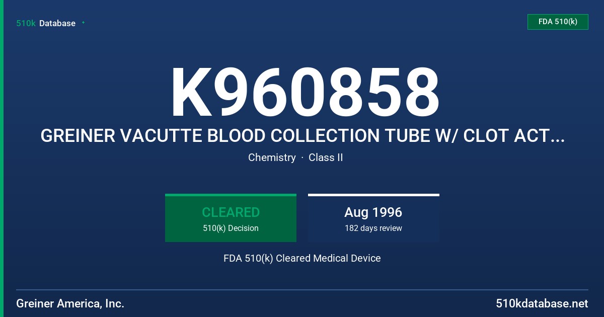 K960858 GREINER VACUTTE BLOOD COLLECTION TUBE W/ CLOT ACTIVATOR & GEL SEPARATOR FDA 510(k) Cleared Medical Device
