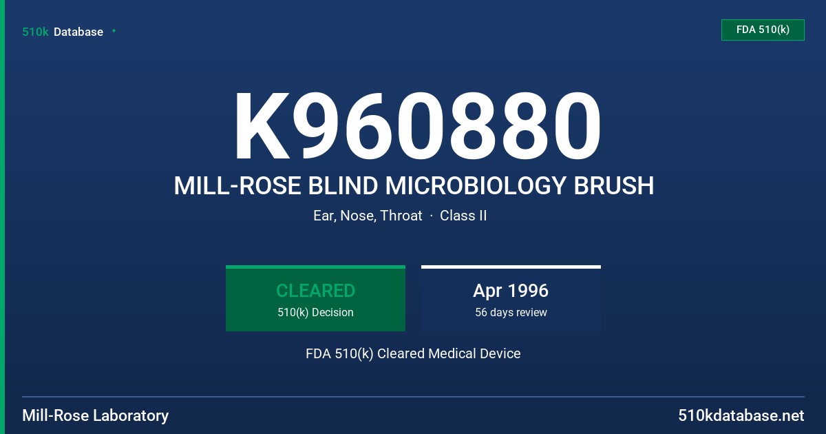 K960880 MILL-ROSE BLIND MICROBIOLOGY BRUSH FDA 510(k) Cleared Medical Device