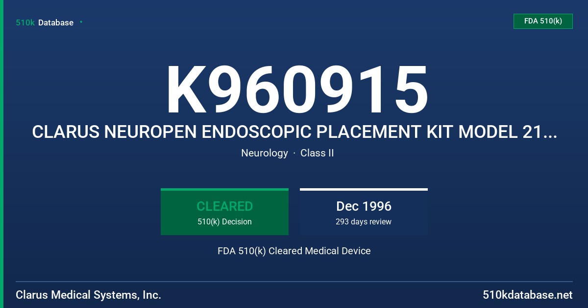 K960915 CLARUS NEUROPEN ENDOSCOPIC PLACEMENT KIT MODEL 2125-XXX FDA 510(k) Cleared Medical Device