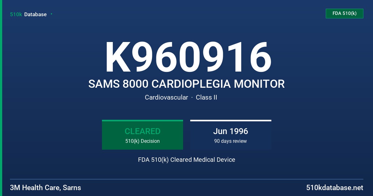 K960916 SAMS 8000 CARDIOPLEGIA MONITOR FDA 510(k) Cleared Medical Device