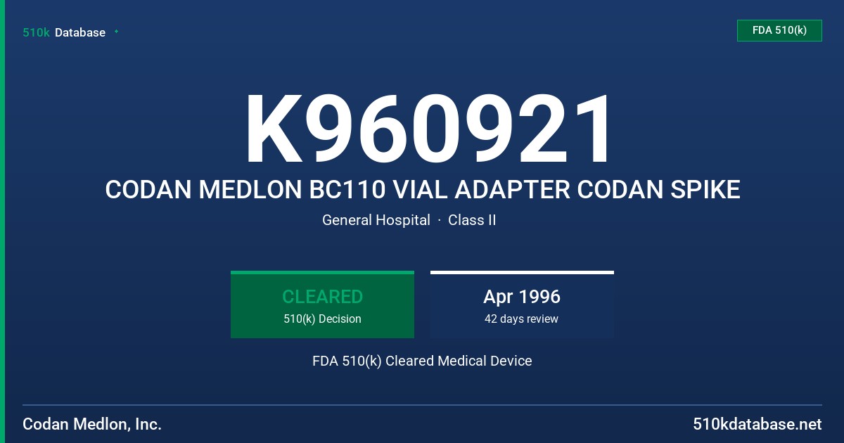 K960921 CODAN MEDLON BC110 VIAL ADAPTER CODAN SPIKE FDA 510(k) Cleared Medical Device