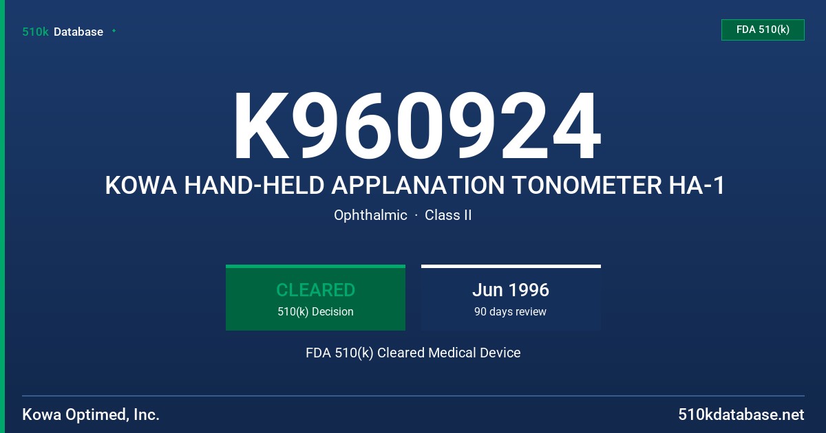 K960924 KOWA HAND-HELD APPLANATION TONOMETER HA-1 FDA 510(k) Cleared Medical Device